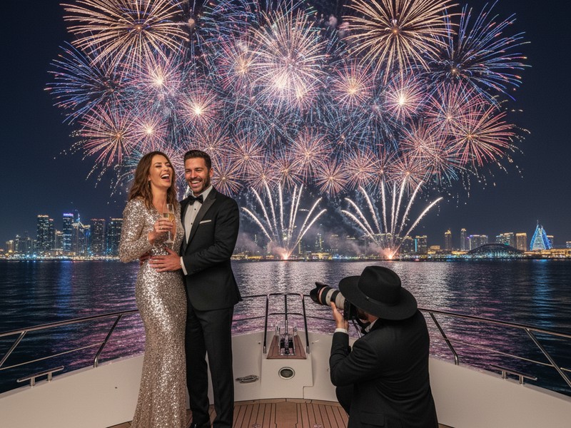 Onboard photographer capturing NYE fireworks moments on luxury yacht Dubai