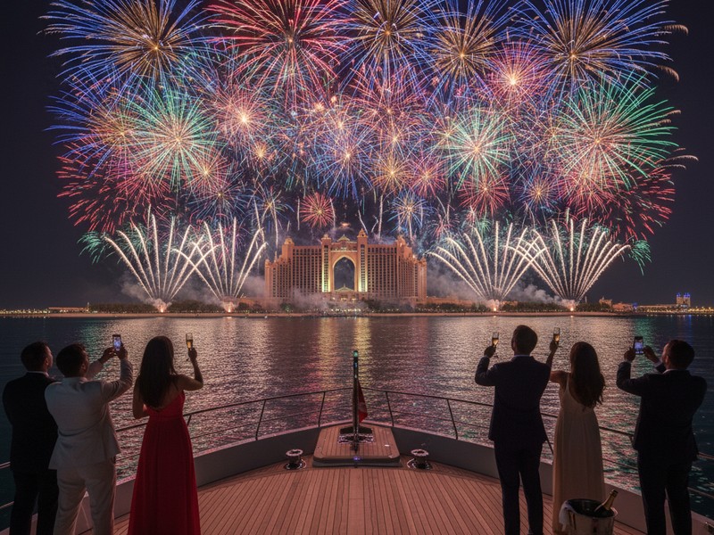 Spectacular New Year's Eve fireworks over Atlantis The Palm hotel from yacht Arabian Gulf
