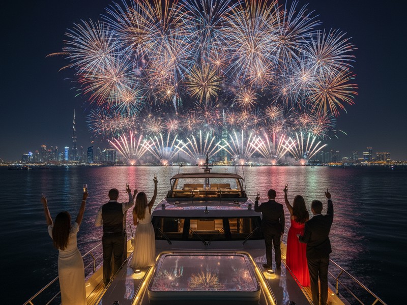 New Year's Eve fireworks display visible from yacht near Burj Khalifa Dubai skyline