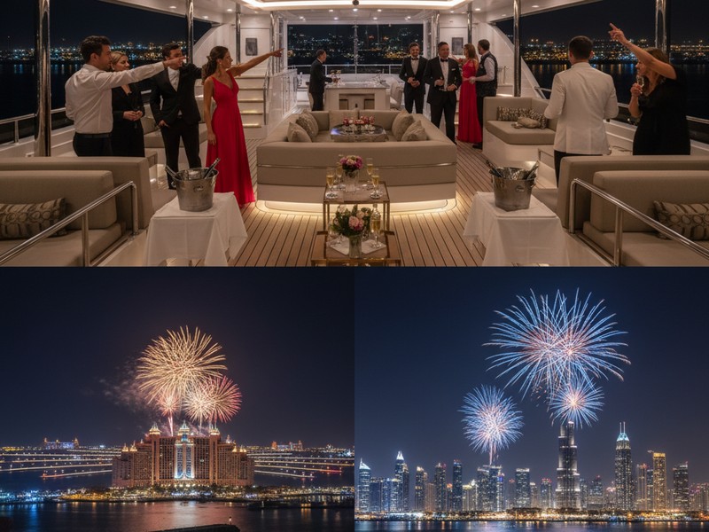 Luxury yacht positioned for New Year's Eve fireworks viewing between Atlantis and Burj Khalifa Dubai