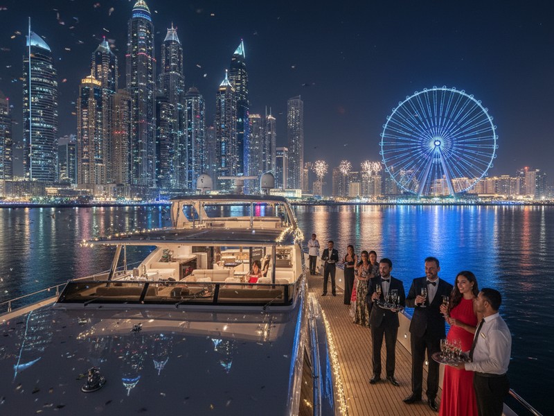 Luxury yacht departing Dubai Harbour on New Year's Eve at 9 PM with illuminated Marina skyline