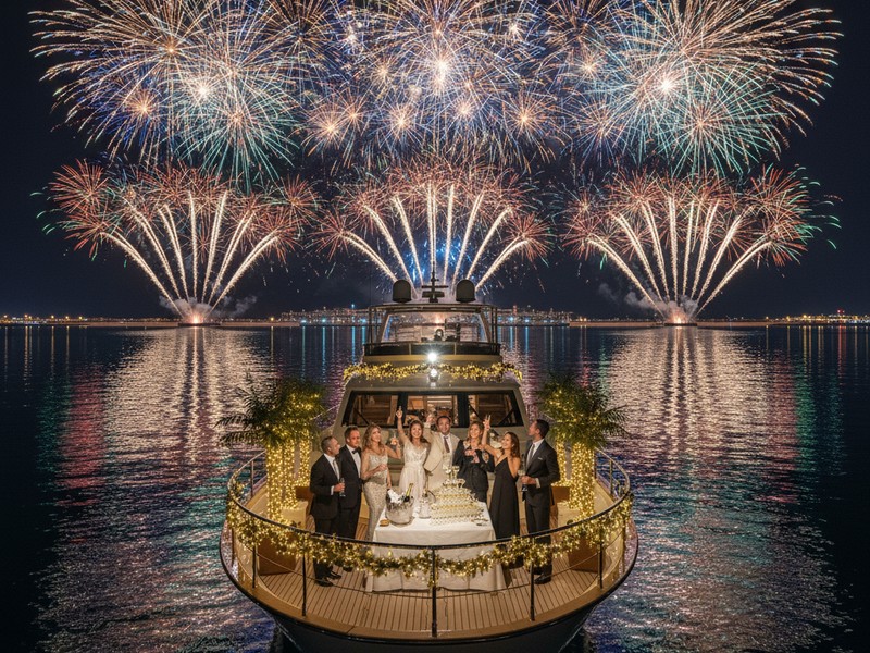Luxury yacht at midnight fireworks viewing position watching Atlantis NYE fireworks display