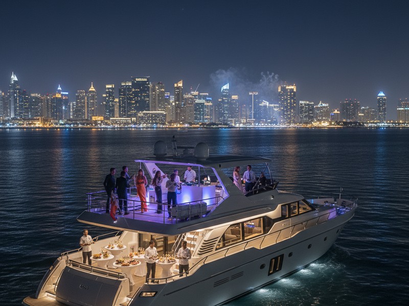 Luxury yacht post-fireworks celebration cruise returning to Dubai Marina at 1 AM