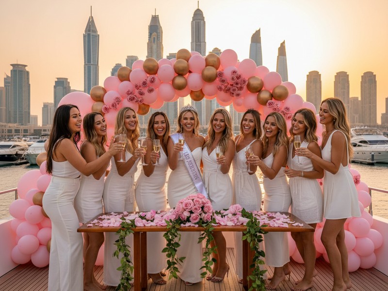 Bachelorette party yacht Dubai — pink gold balloon arch, bride with sash and tiara at sunset