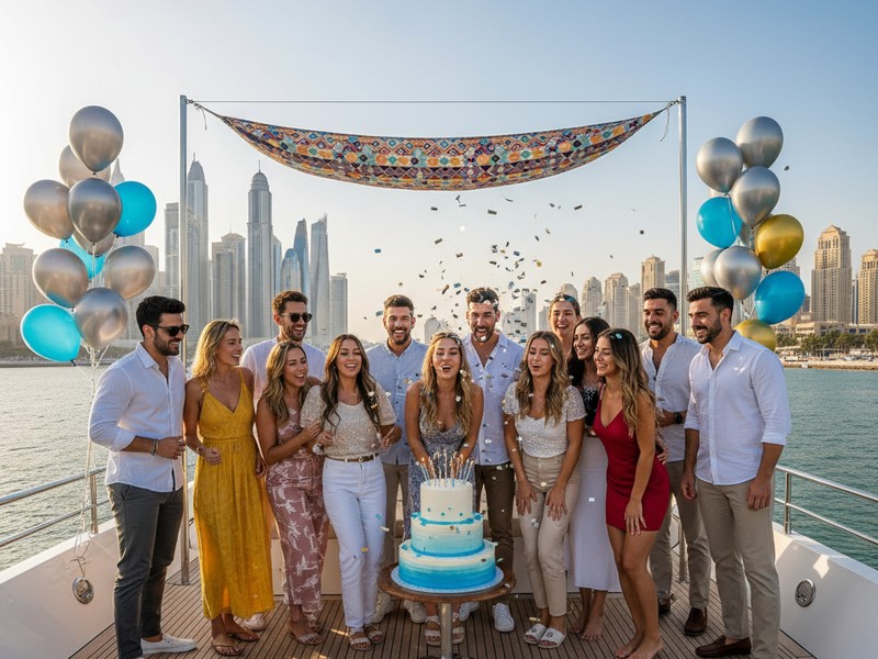 Birthday party on yacht Dubai — cake cutting on deck with Dubai Marina backdrop and balloon decorations