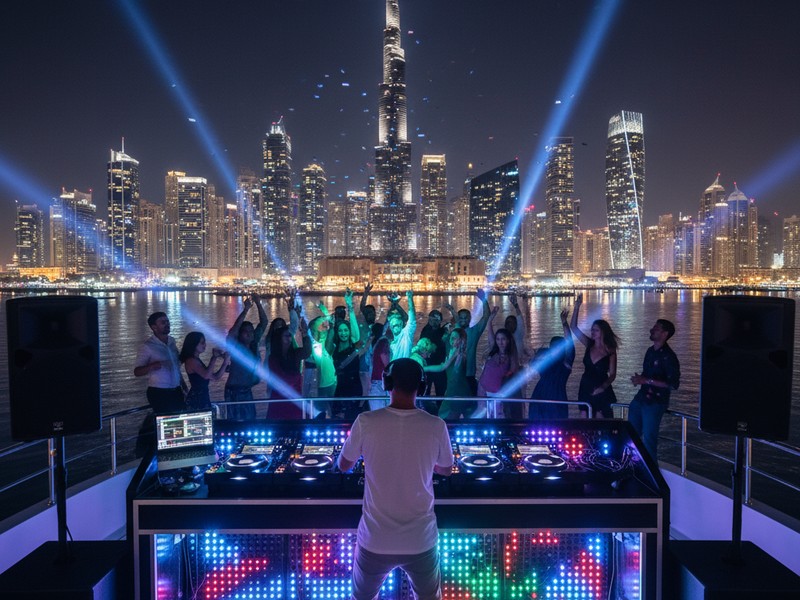 DJ setup on party yacht Dubai — professional 4-channel console with LED lights and dancing guests