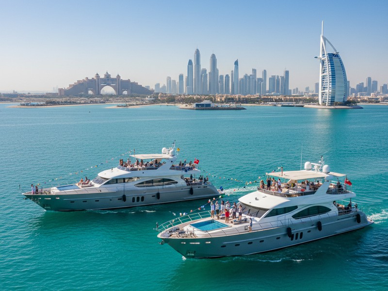 Dubai party yacht fleet overview — two vessels sailing Arabian Gulf with Palm Jumeirah and Burj Al Arab skyline panorama