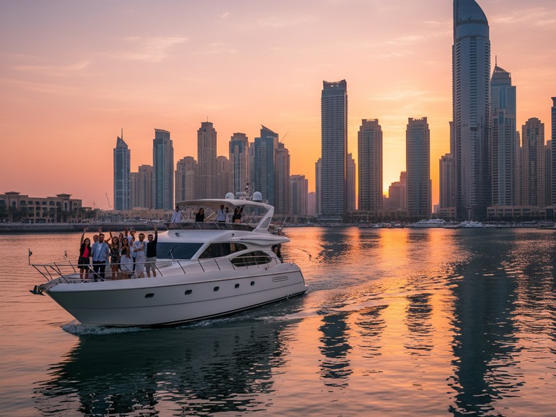 Yacht party departing Dubai Marina at sunset — golden hour celebration cruise with glowing towers