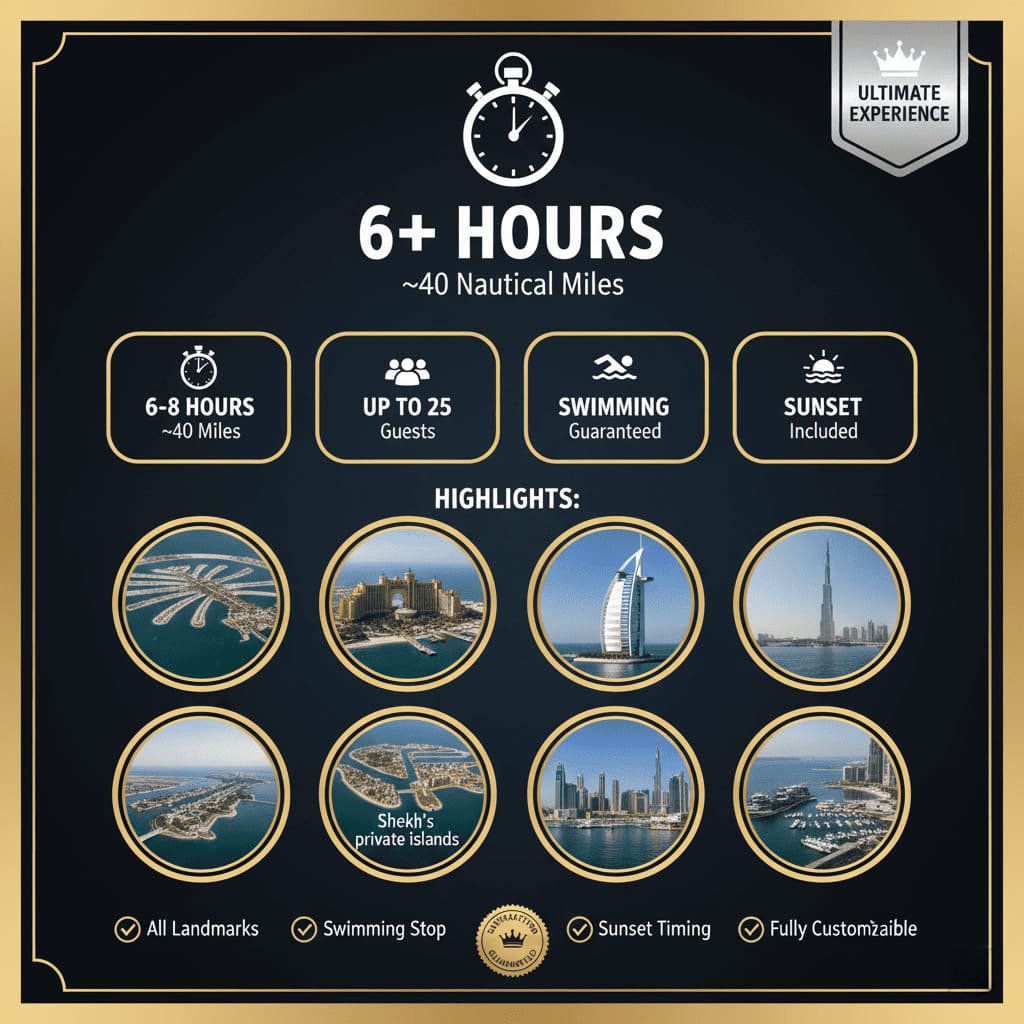 Complete coastal yacht dinner tour: all Dubai landmarks, relaxed pace.