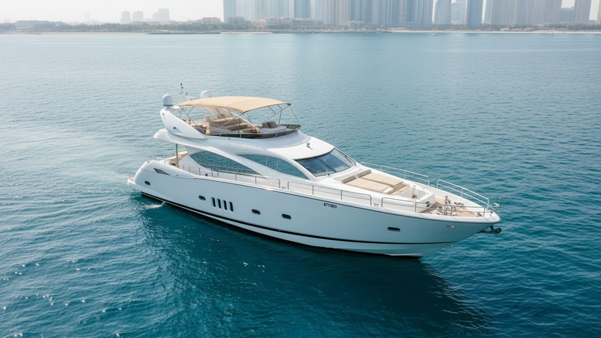 Noble Thunder 82 ft aerial view cruising Dubai Marina