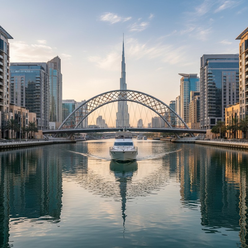 Dubai Water Canal cruise — Business Bay to Arabian Gulf, Bridge of Tolerance views.