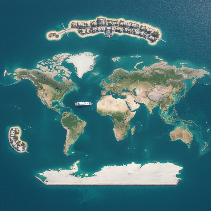 The World Islands Dubai — 300 artificial islands aerial view, private yacht access only.