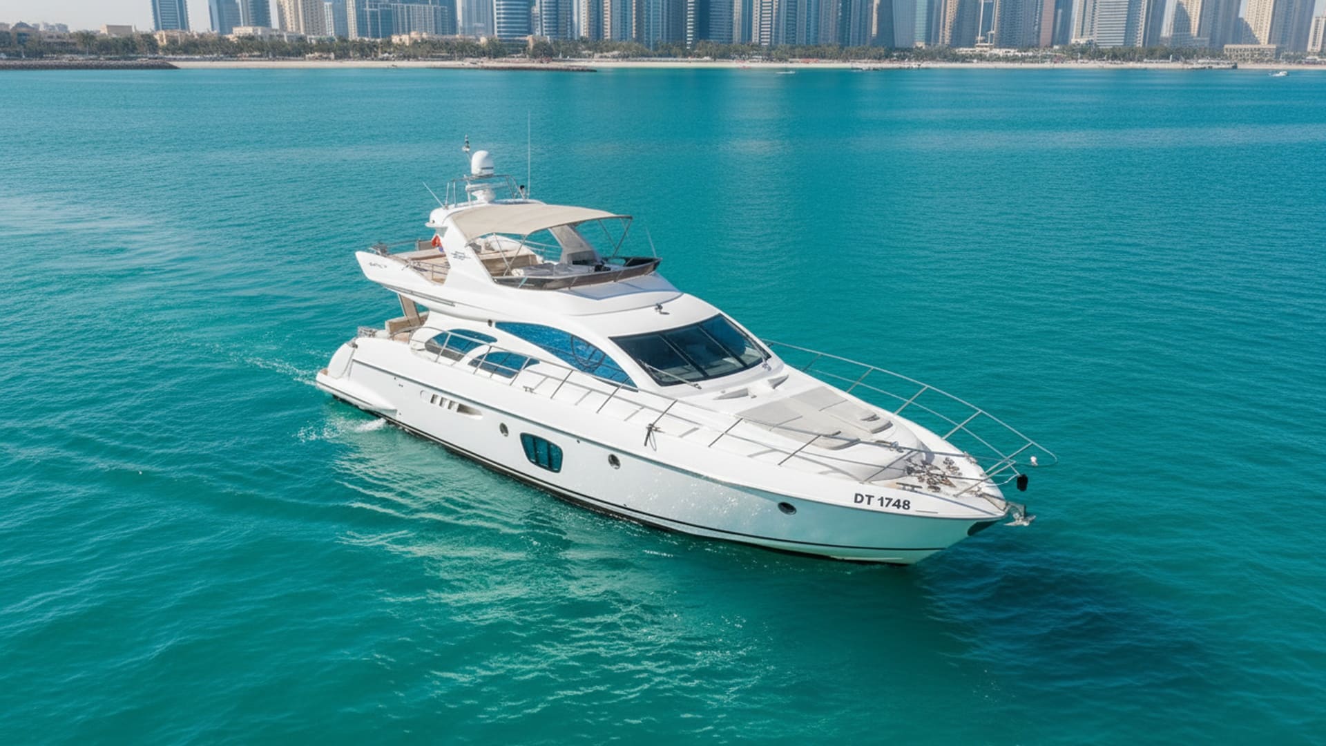 Aerial view of Emerald Star 55 ft yacht in Dubai