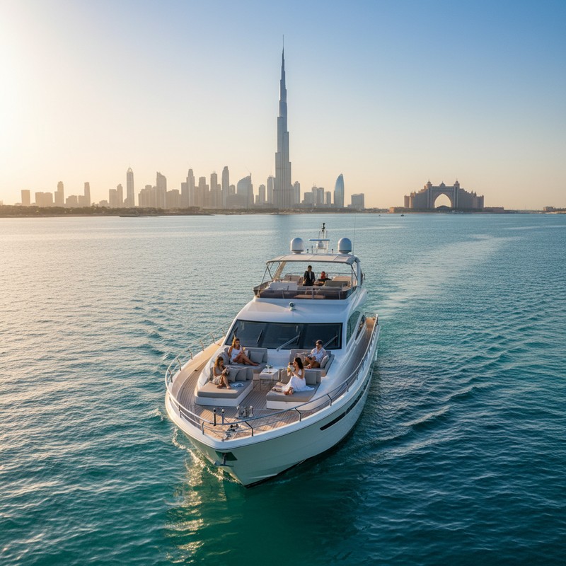 Yacht charter Dubai peak season — calm Arabian Gulf, clear skies, October to April.