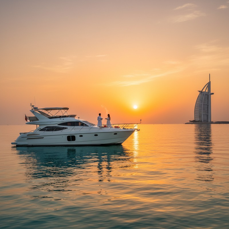 Morning yacht charter Dubai shoulder season — sunrise over Arabian Gulf, May to June.