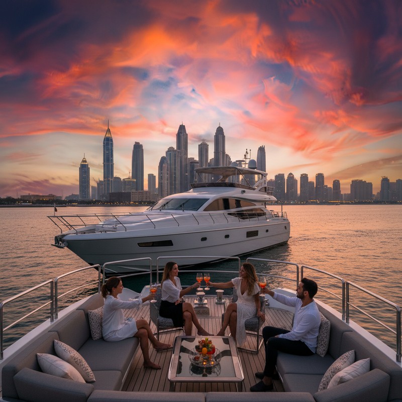 Sunset yacht charter Dubai summer — golden hour cruise, July to September evening sailing.