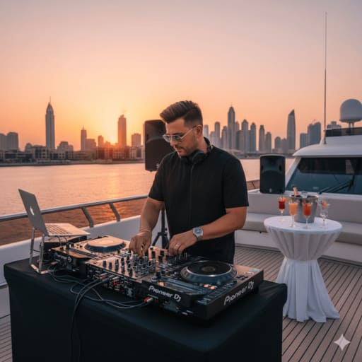 Luxury yacht entertainment with DJ and music in Dubai.