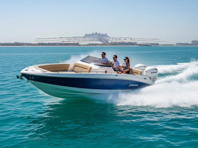 Speed boat at 25 knots in open Arabian Gulf spray bow wave Dubai tour