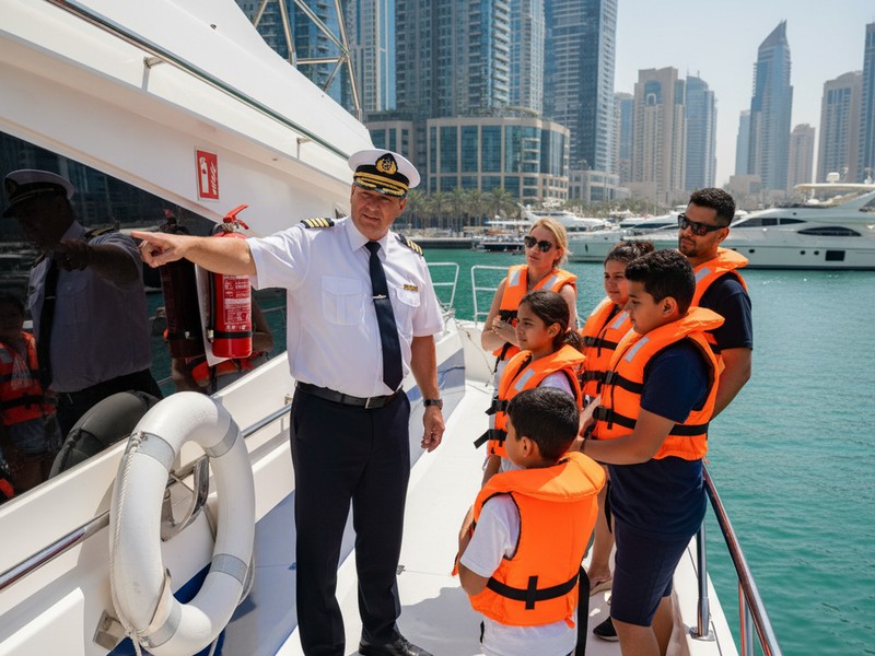 Safety briefing before speed boat departure Dubai Marina life jacket fitting